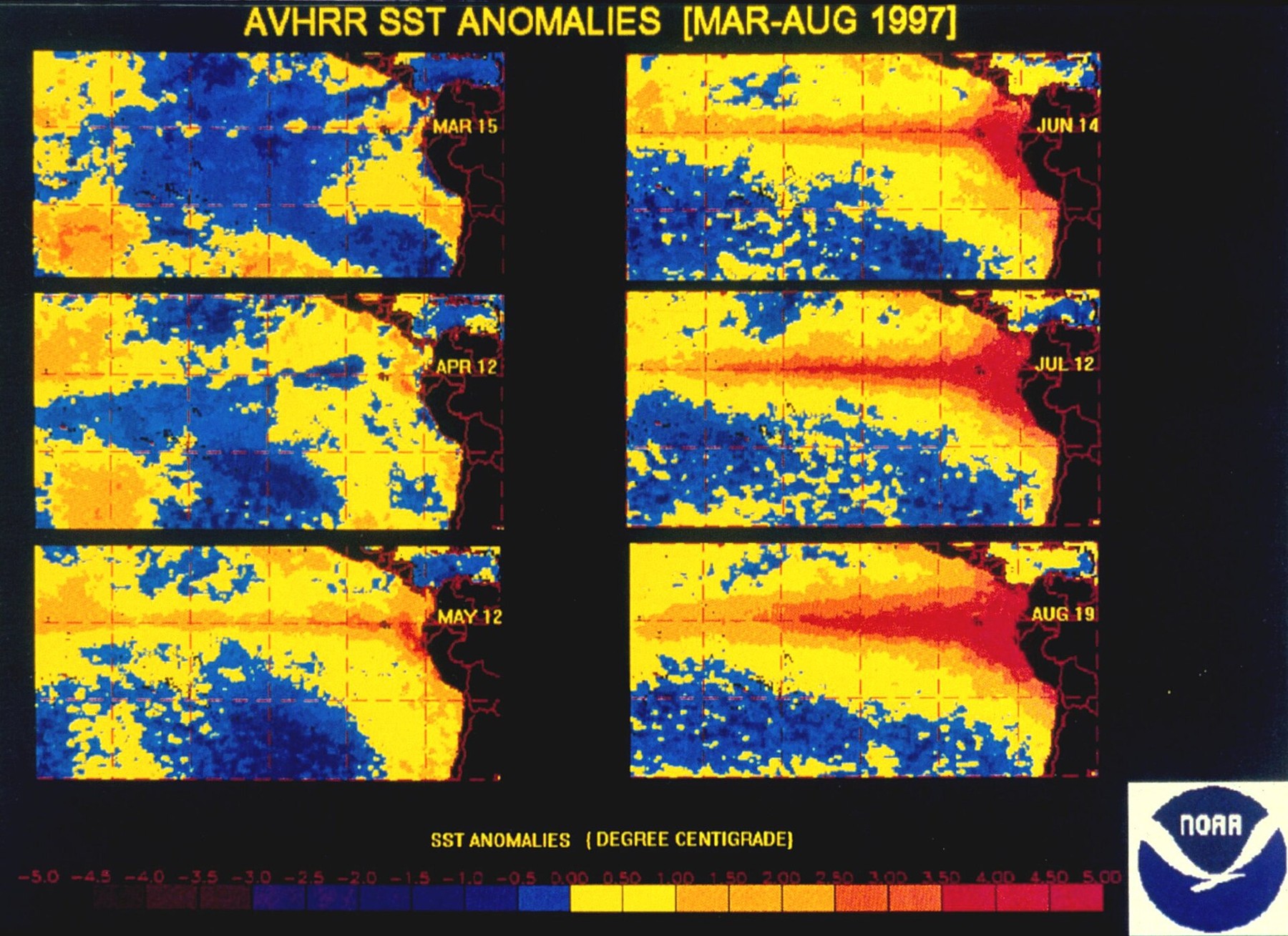 Mapa de anomalias de temperatura da superfície do mar durante um El Niño